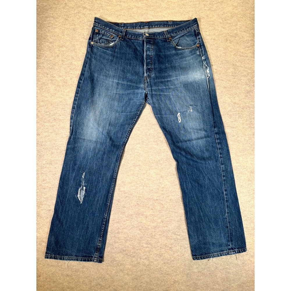 Levis 501 Straight Jeans Mens 40x32 Blue Distressed Denim Logo Button Fly Cotton